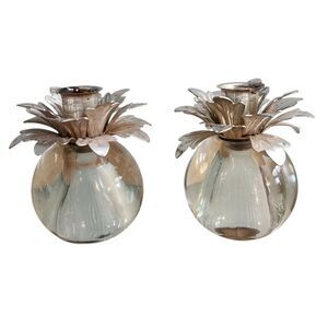Vintage Candle Holder Pair Heavy Glass Sphere Base Metal Flower Silver Clear